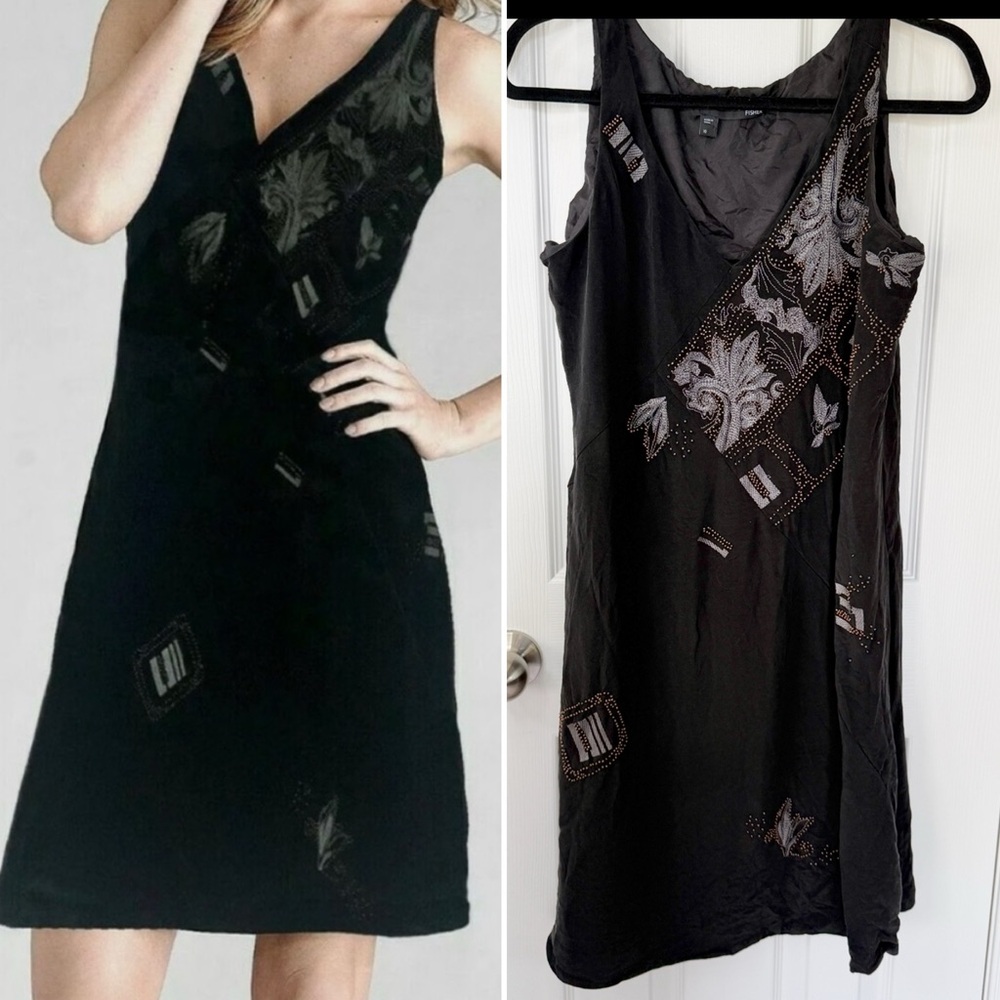 Eileen Fisher Embroidered Crepe De Chine V-Neck Dress in Black Size 10